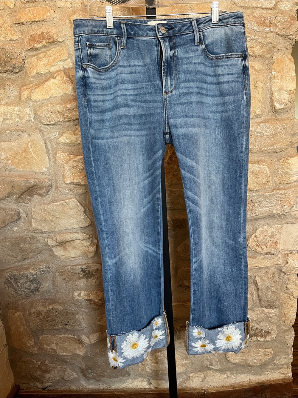 DRIFTWOOD Blue Cropped Jeans with Daisy Embroidered Cuffs